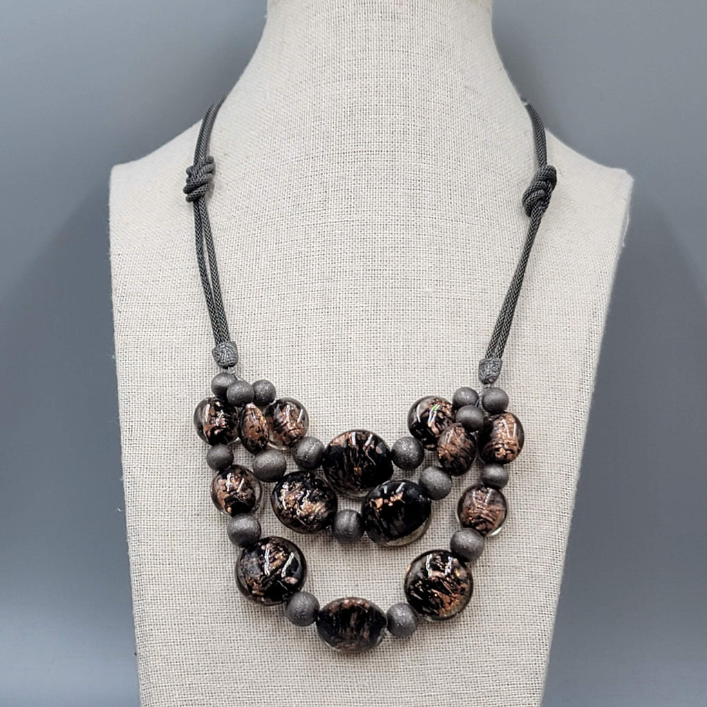 Chicos Necklace Gunmetal Gray Mesh Brown Dichroic Glass Beads 18"