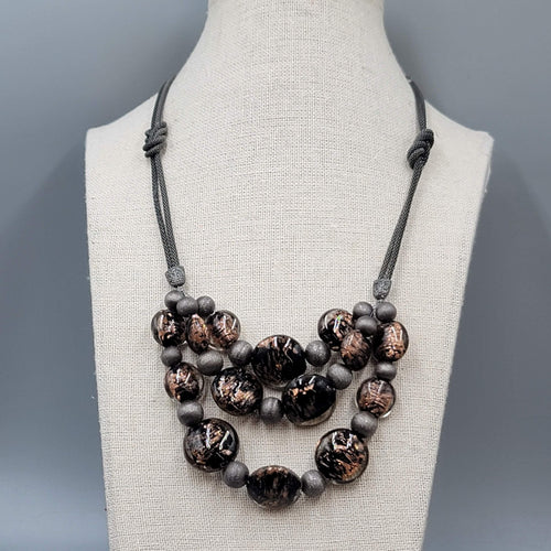 Chicos Necklace Gunmetal Gray Mesh Brown Dichroic Glass Beads 18"