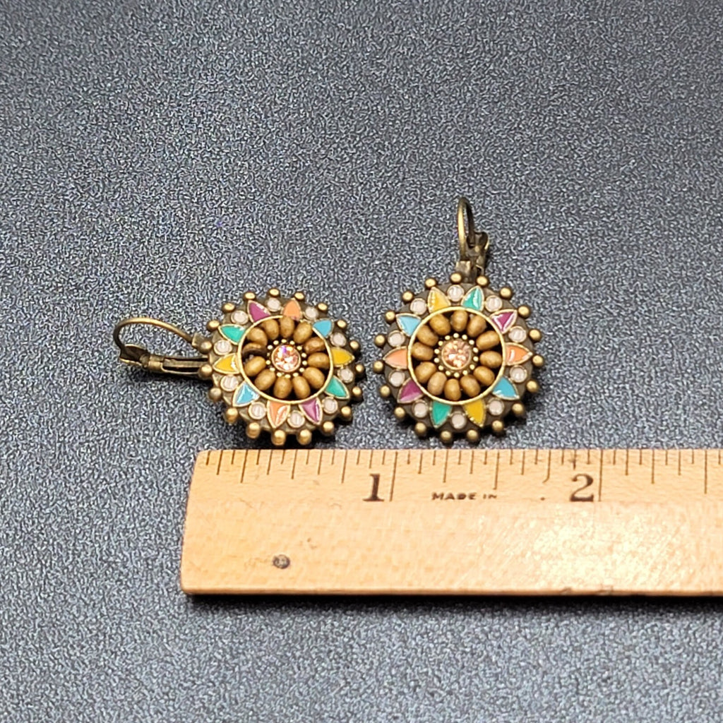 New Boho Pierced Earrings Bronze tone Medallion Enamel Wood Bead 1"