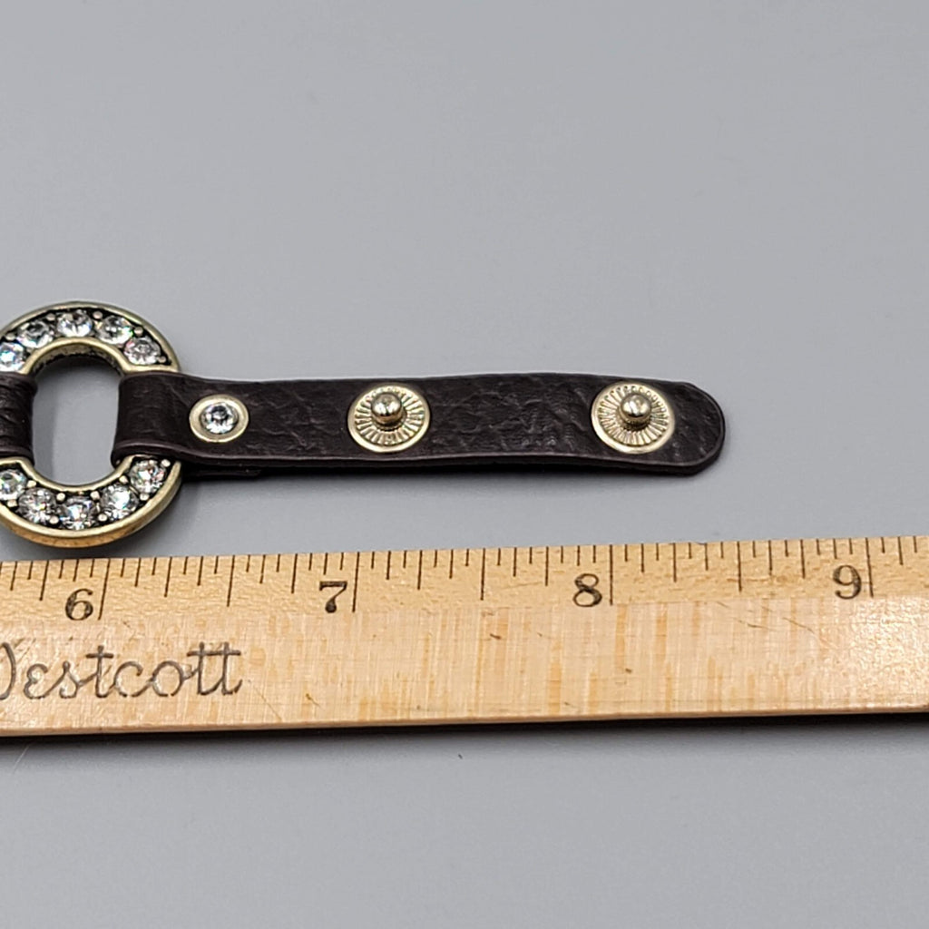 Guang Tong Brown Leather Bracelet Snaps Rhinestones Bronze tone