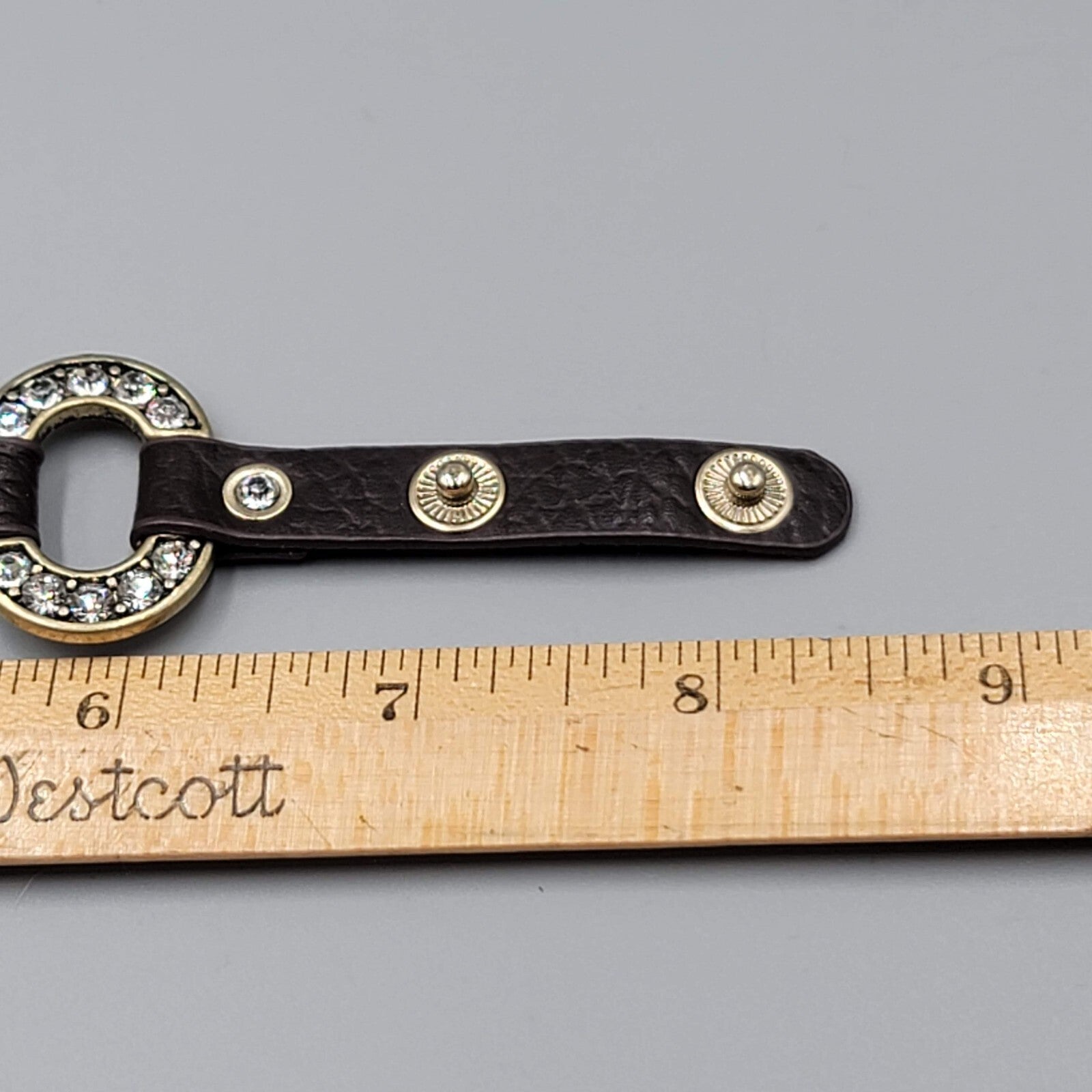 Guang Tong Brown Leather Bracelet Snaps Rhinestones Bronze tone