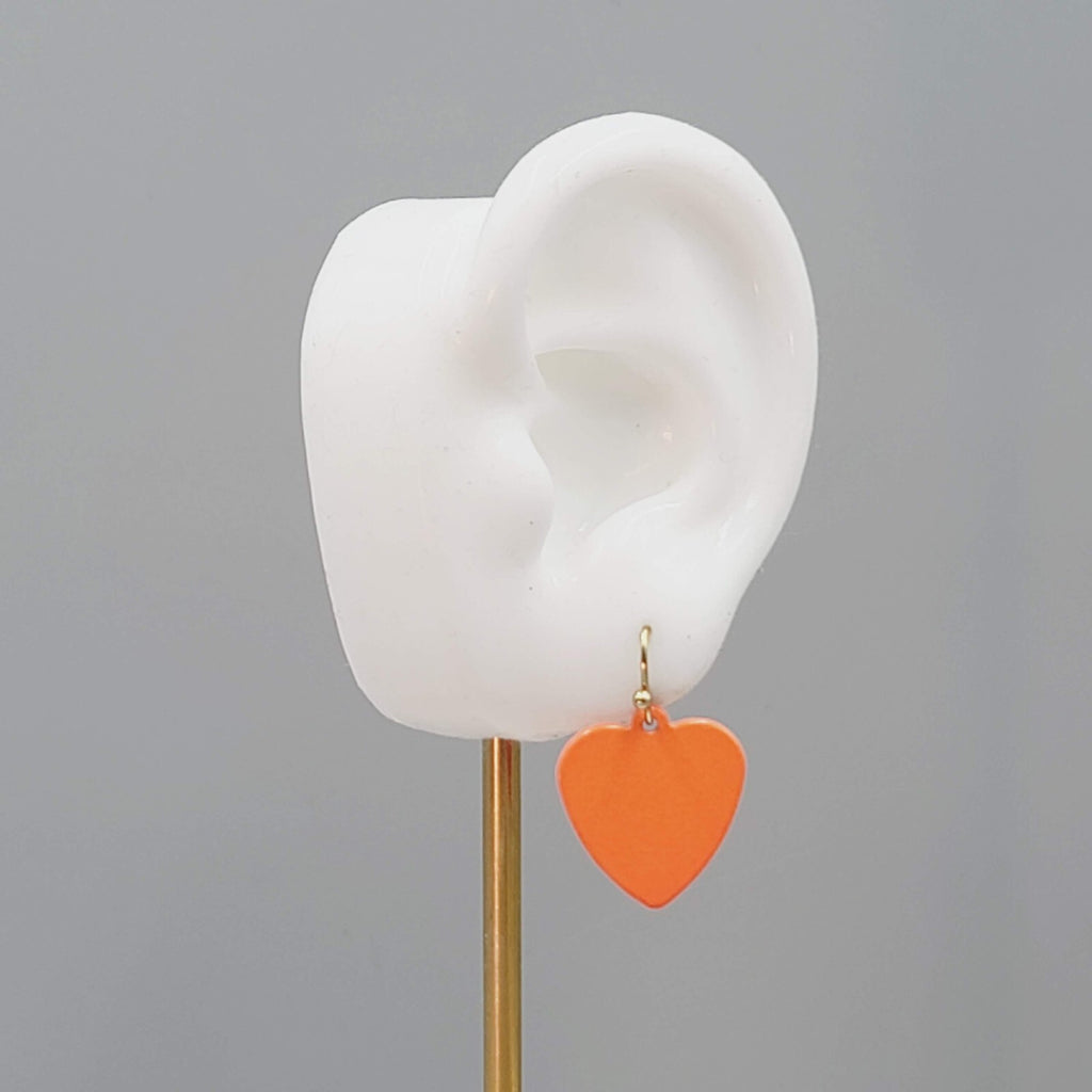 Orange Enamel Heart Pierced Earrings Dangle 3/4"