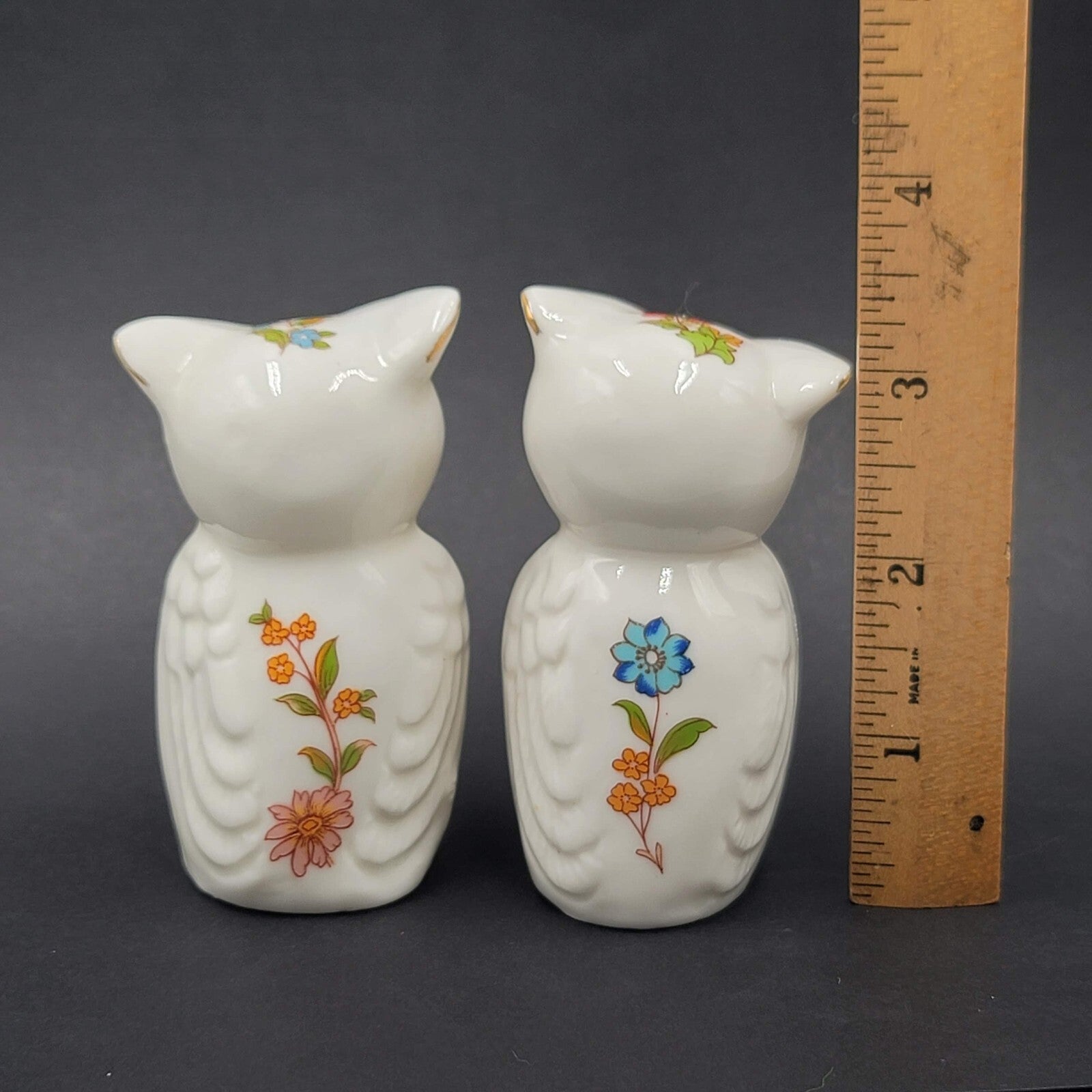 Vintage Bone China SALT and PEPPER Shakers Owls Flowers Butterfly 3.25 in