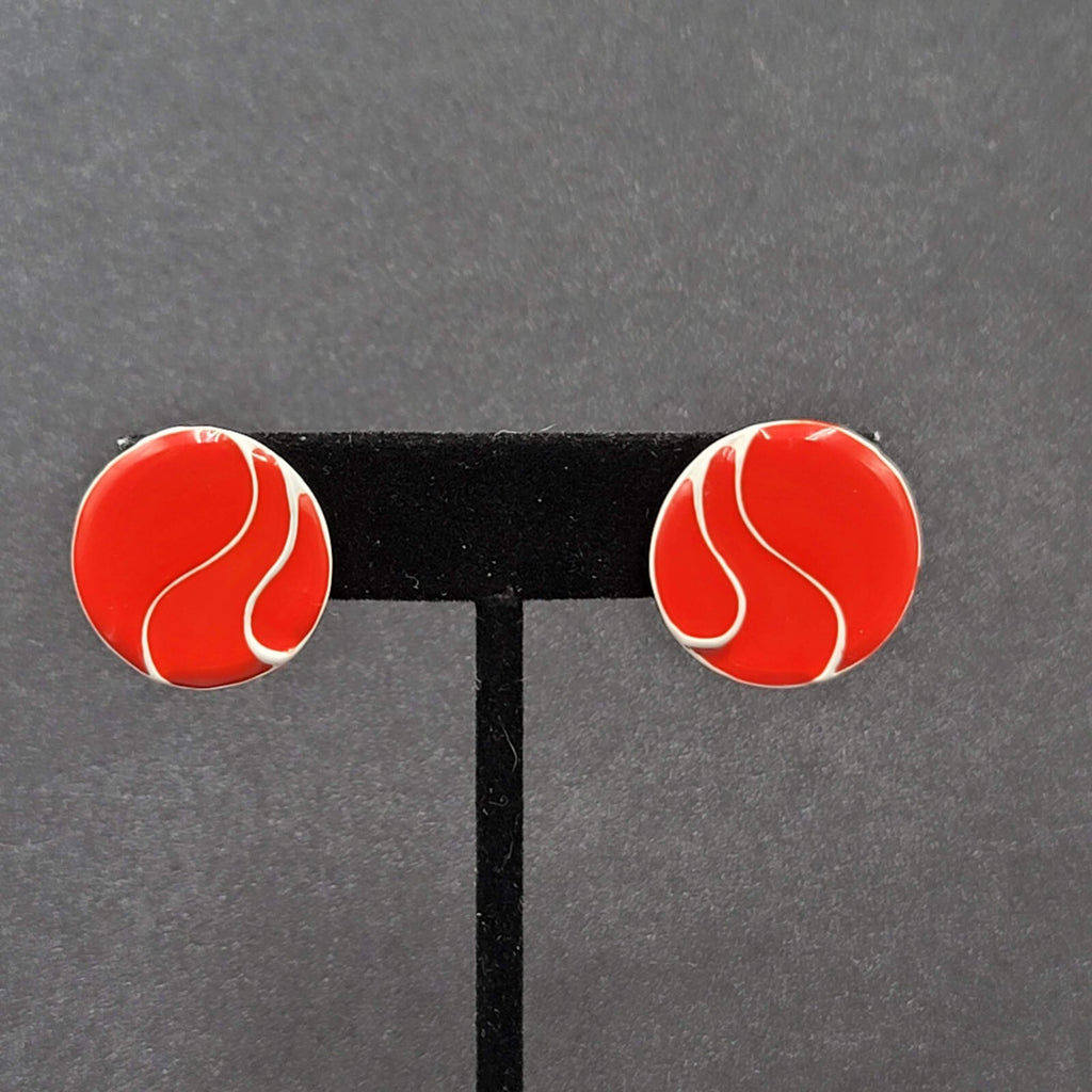 Vintage Pierced Earrings Heavy Enamel Red White Disc Studs 7/8"