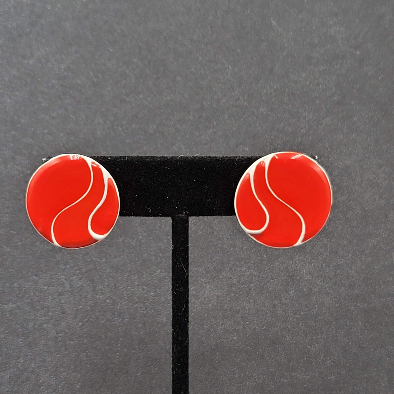 Vintage Pierced Earrings Heavy Enamel Red White Disc Studs 7/8"