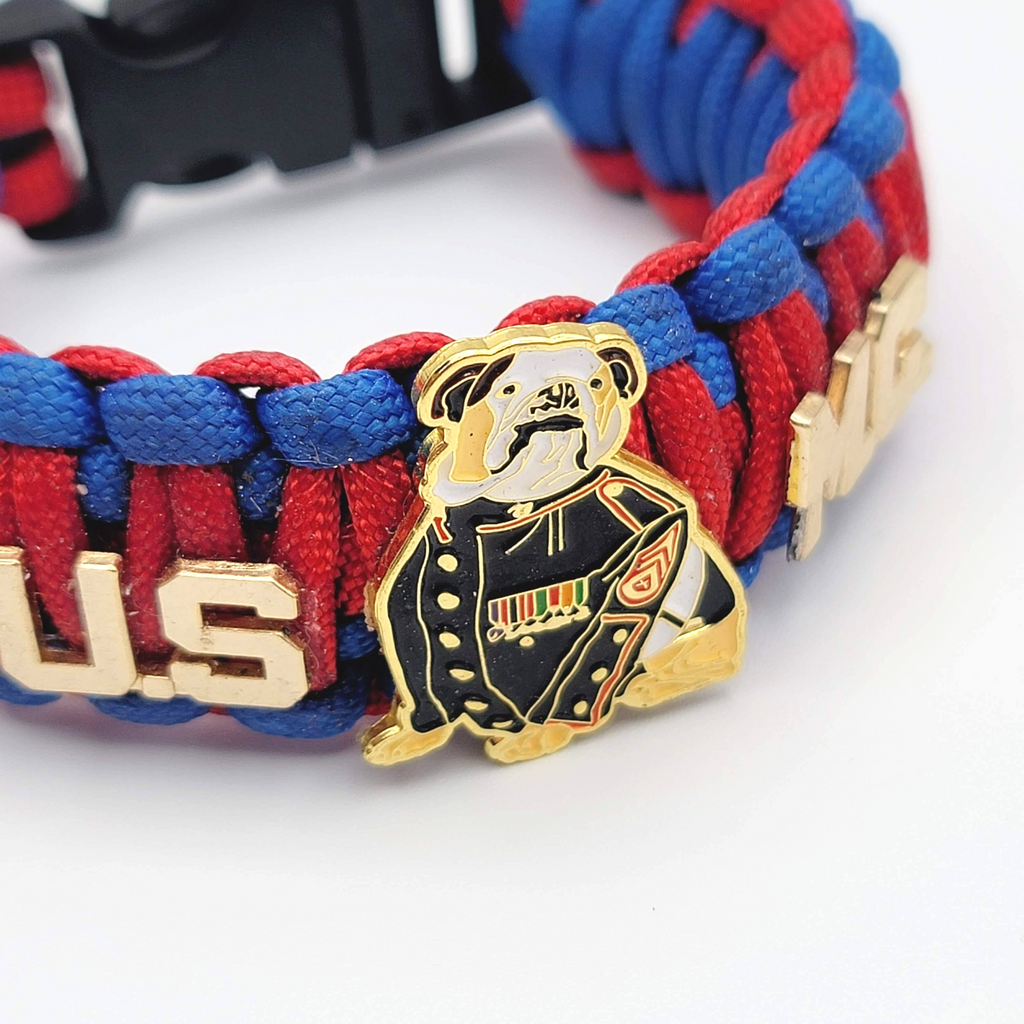 USMC Paracord Bracelet Enamel Bulldog Red Blue 7 in