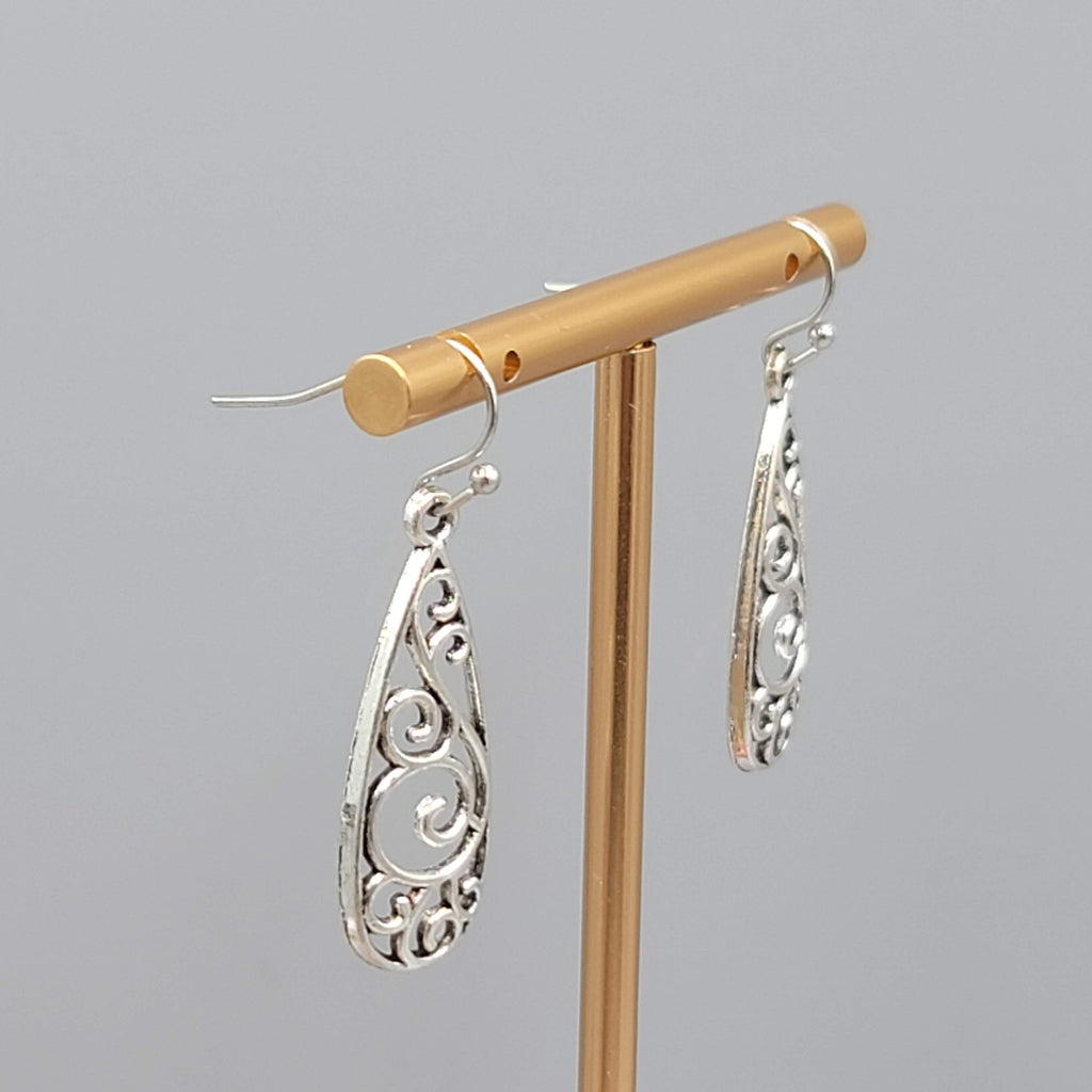 Open Filigree Long Teardrop Pierced Earrings Silver tone Dangle   1.25"
