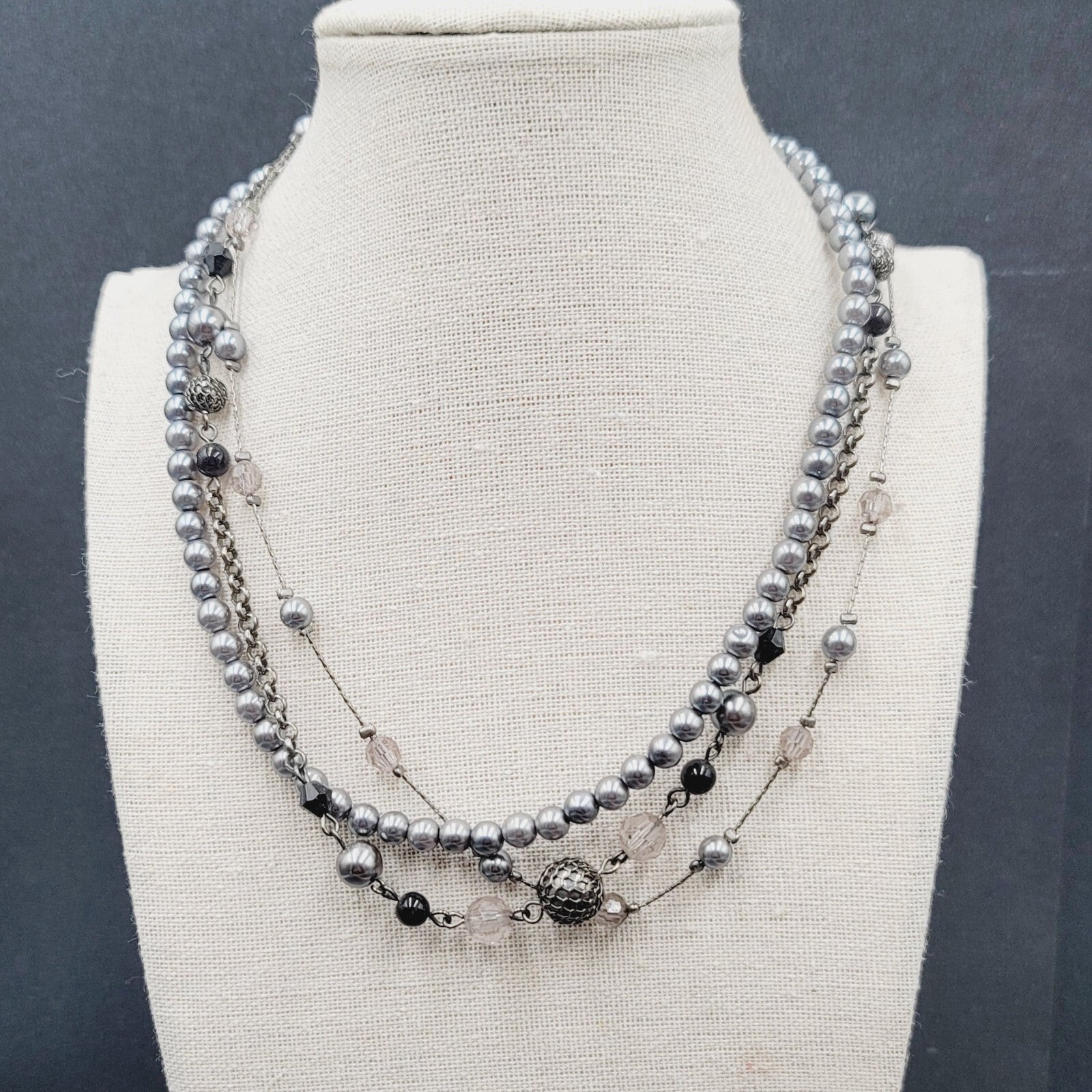 Triple Strand Black Chain Gray Bead Necklace 16"