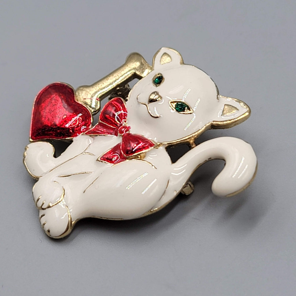 Vintage I Heart Kitty White Cat Brooch Gold tone Enamel 2"
