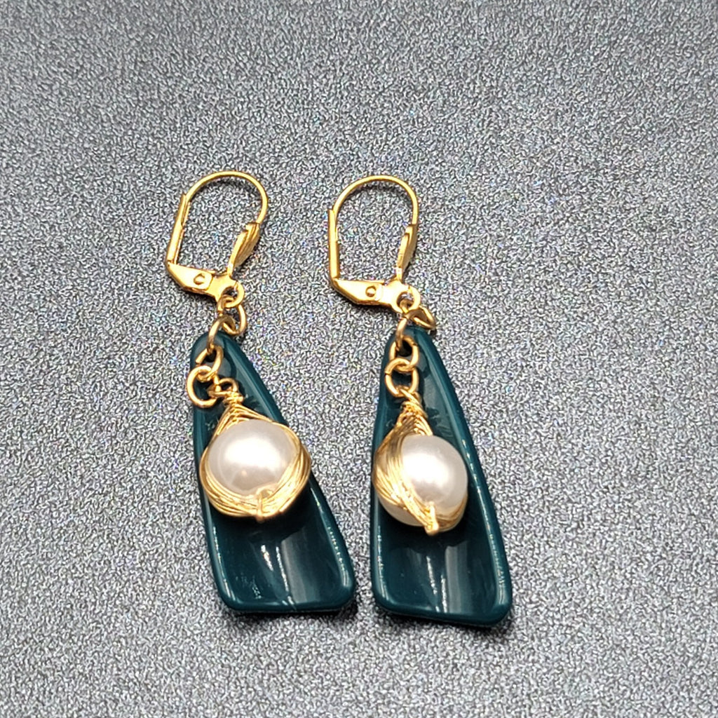 Pierced Earrings Gold Wire Faux Pearl Bead Teal Blue Dangle 1.75"