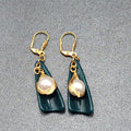 Pierced Earrings Gold Wire Faux Pearl Bead Teal Blue Dangle 1.75"