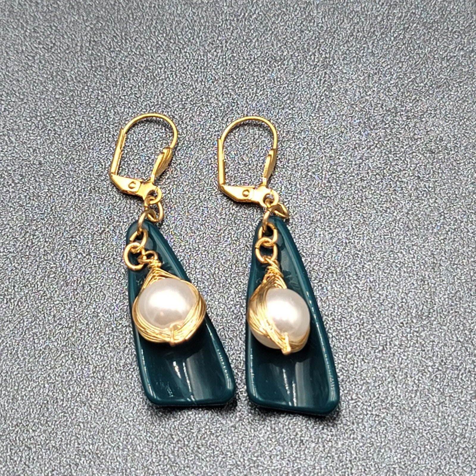 Pierced Earrings Gold Wire Faux Pearl Bead Teal Blue Dangle 1.75"