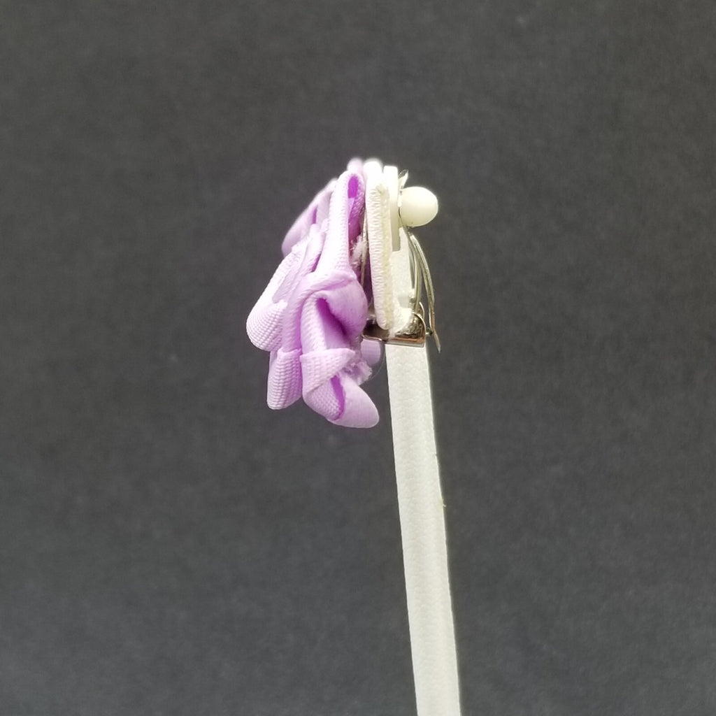 Vintage Clip on Earrings Purple Fabric Flower Bow Statement Stud 1"