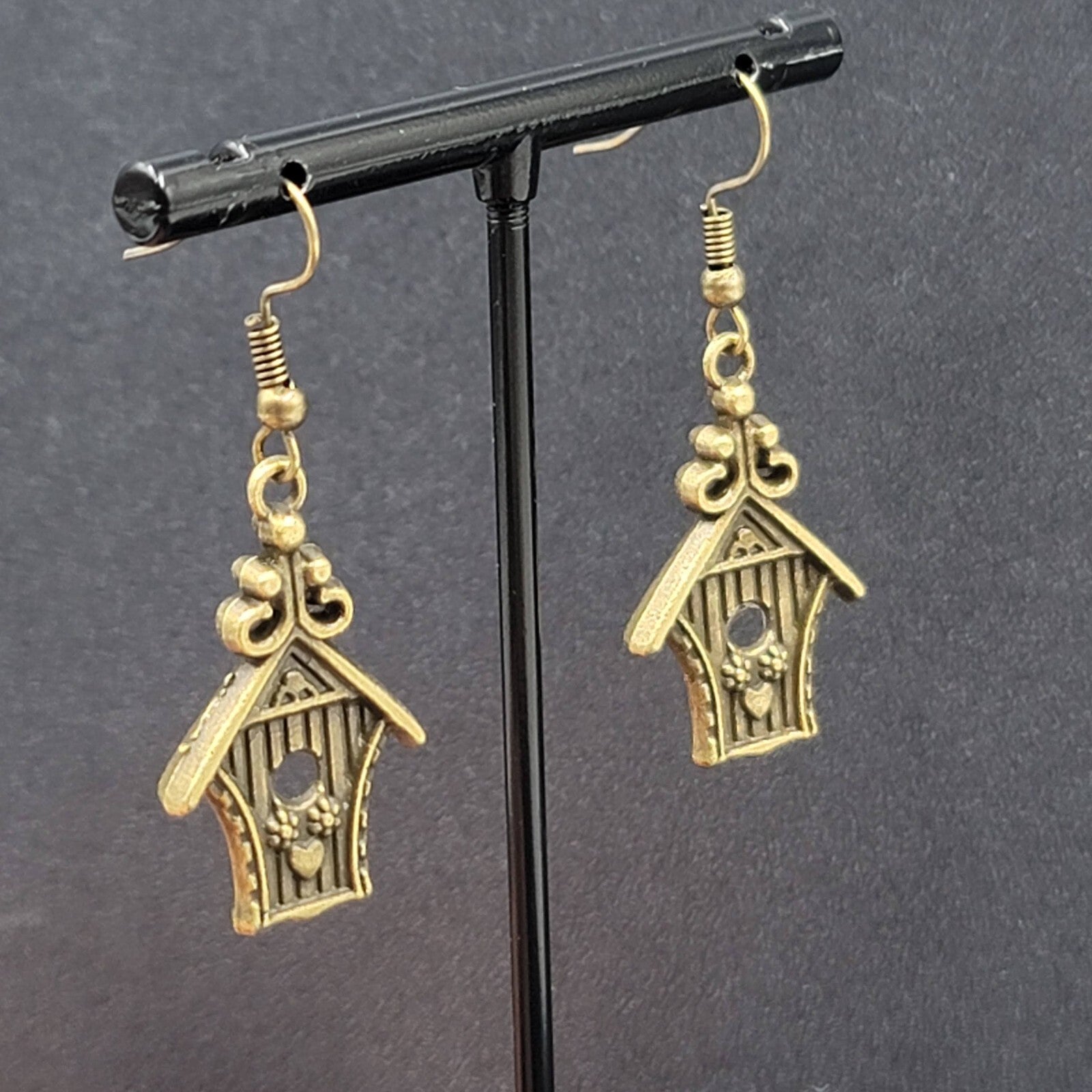 Birdhouse Pierced Earrings Bronze tone Dangle 3D Embossed 1 1/8"