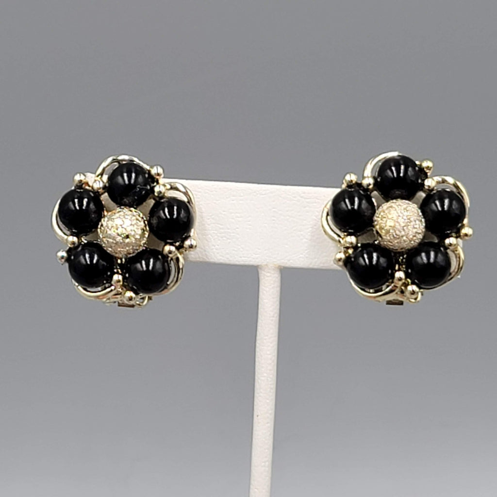 Vintage Gold tone Black Bead Flower Clip on Earrings 1"