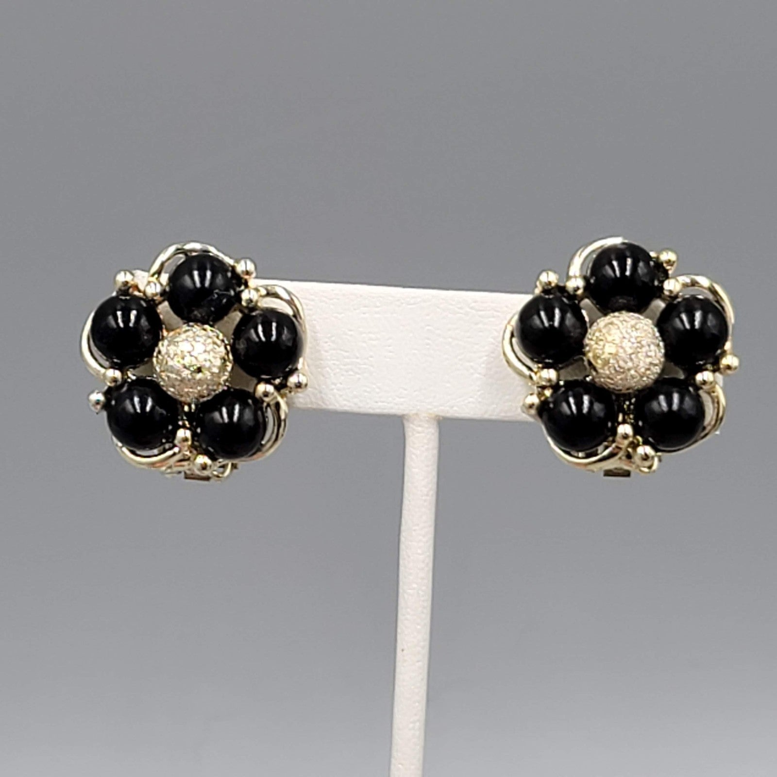 Vintage Gold tone Black Bead Flower Clip on Earrings 1"