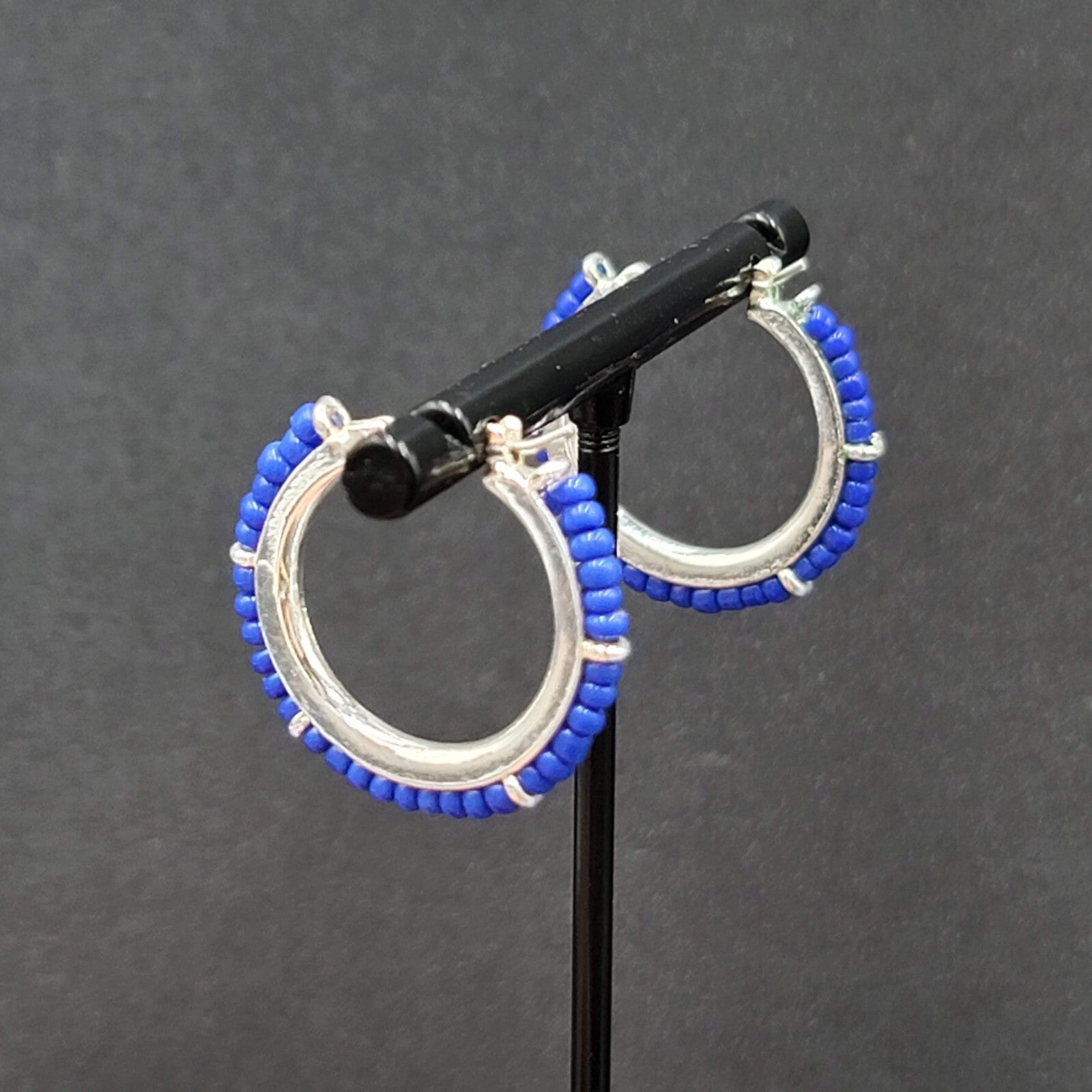 Pierced Earrings Silver tone Blue Seed Bead Hoops 1"