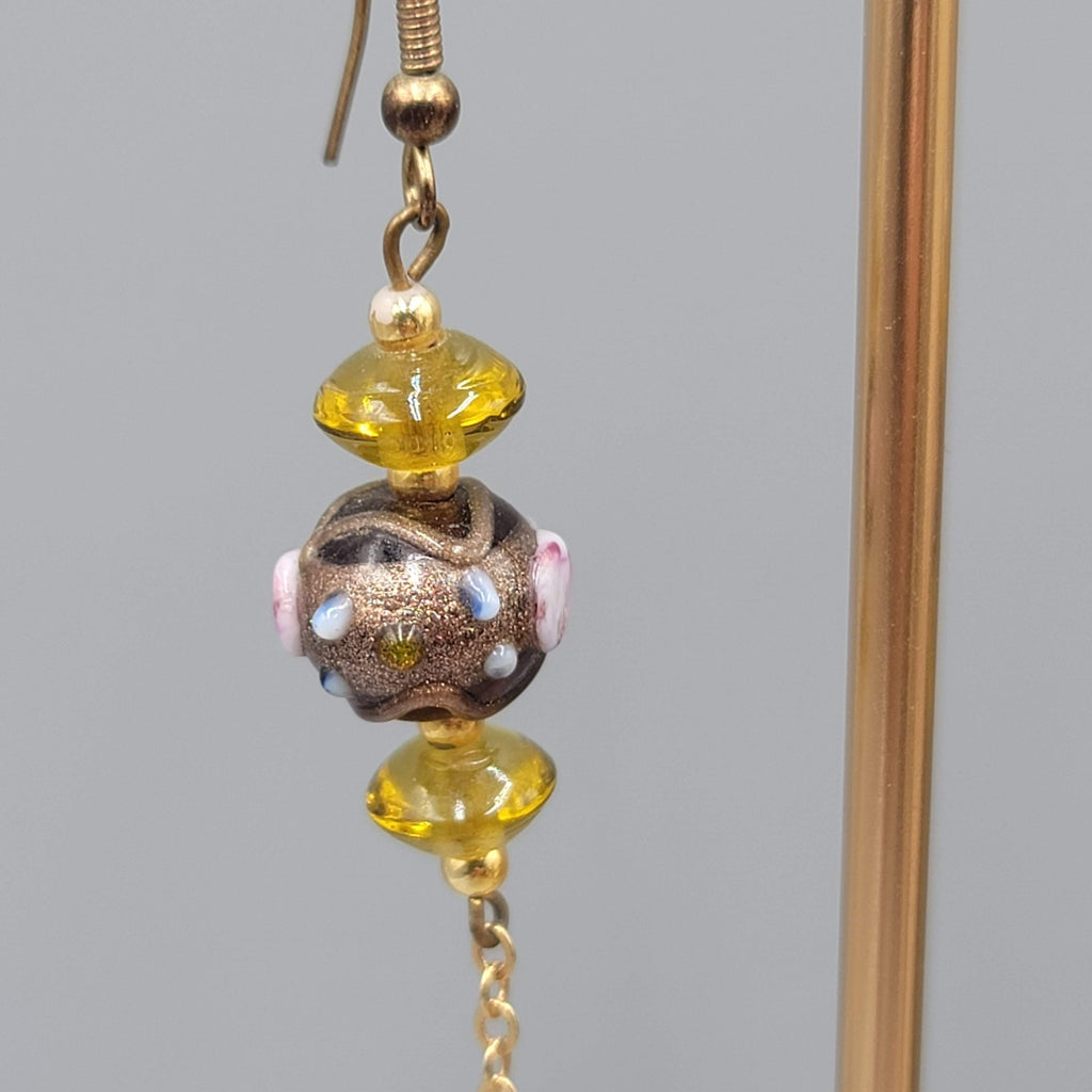 Vintage Art Glass Pierced Earrings Gold tone Dangle Boho Beaded 2.5"