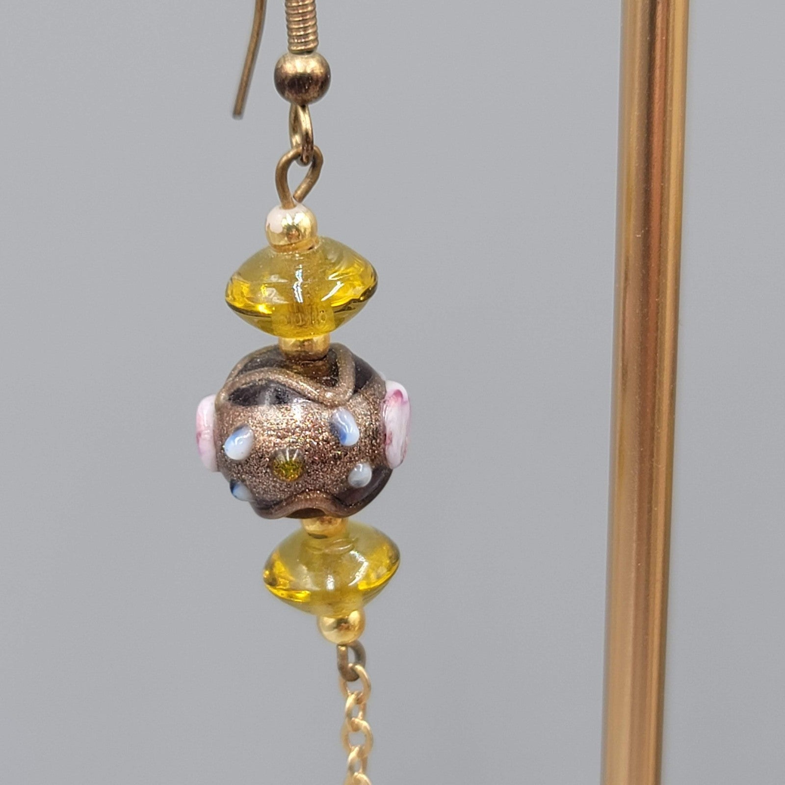 Vintage Art Glass Pierced Earrings Gold tone Dangle Boho Beaded 2.5"