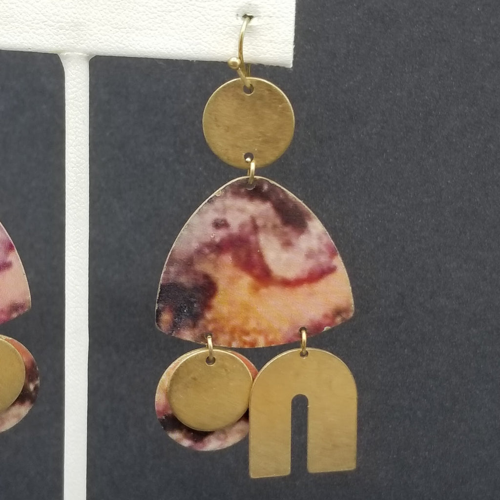 Pierced Earrings Gold tone Multicolor Geometric Statement Dangle 2 5/8"