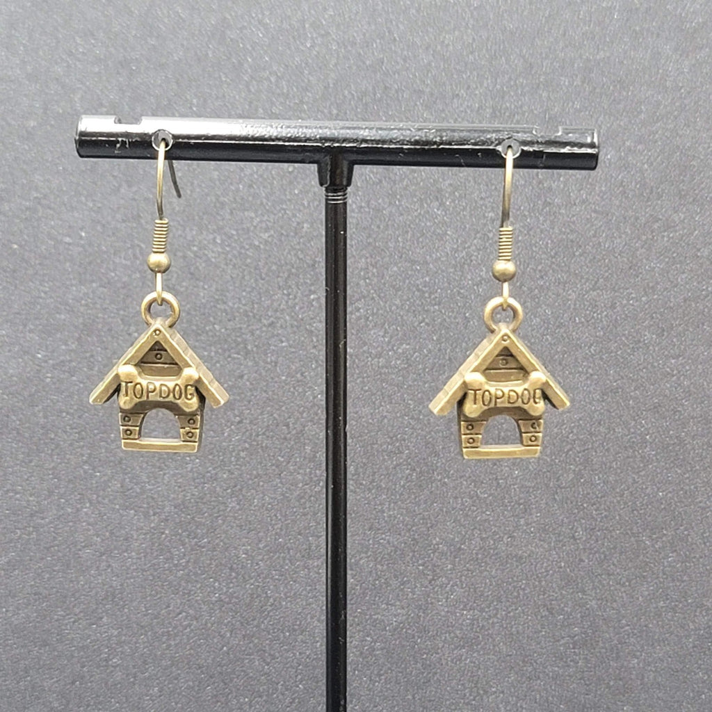 Top Dog Doghouse Pierced Earrings Bronze tone Dangle 3/4"