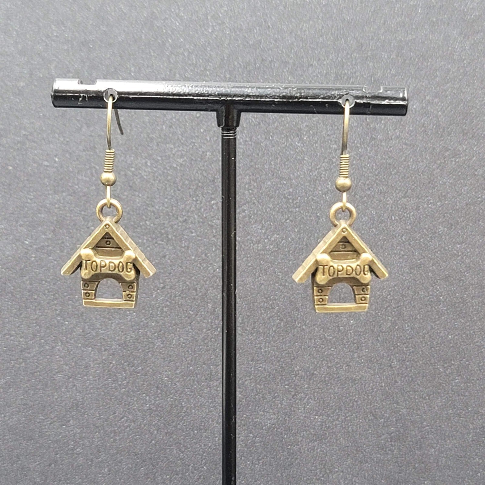 Top Dog Doghouse Pierced Earrings Bronze tone Dangle 3/4"