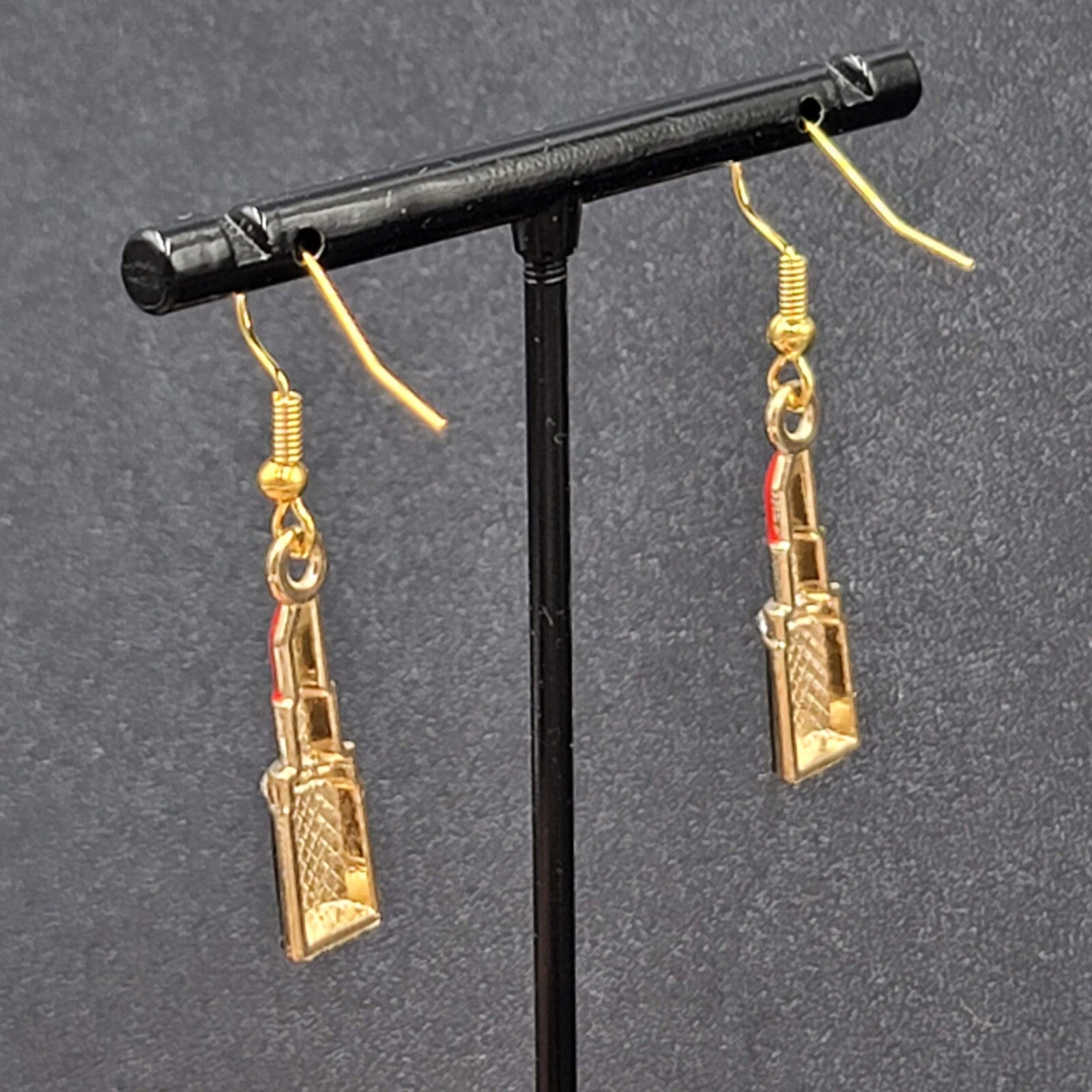 Lipstick Pierced Earrings 3D Gold tone Red Black Enamel Crystal Dangle 1"
