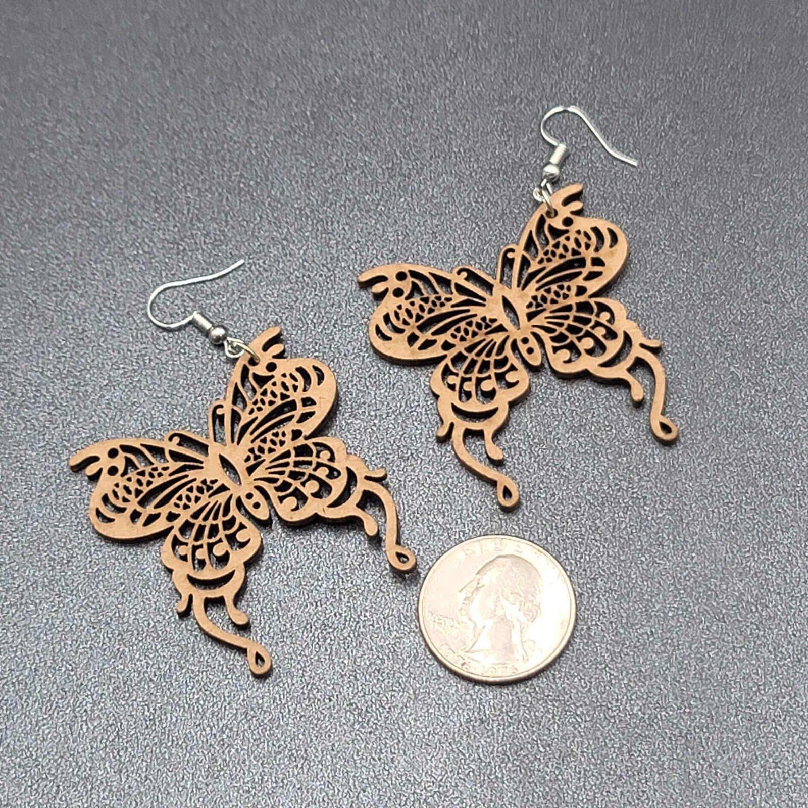 Butterfly Pierced Earrings Laser Cut Wood Dangle Statement 1.75"