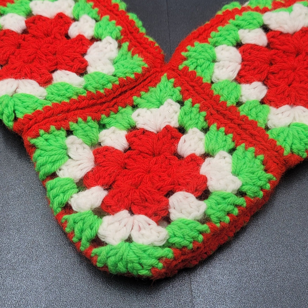Handmade Crocheted Granny Square Red Green White Christmas Stocking 15"