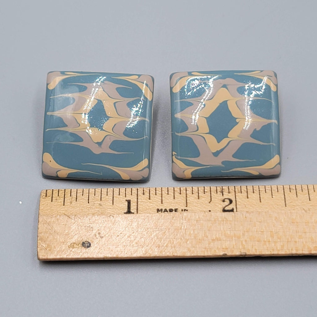 Vintage Pierced EarringsTan Blue Enamel over Metal Square Drop  1 1/8"