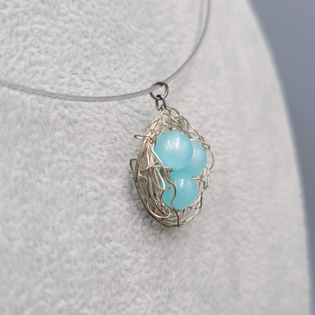 Birds Nest Pendant Necklace Blue Moonglow Beads Silver tone Wire 18"