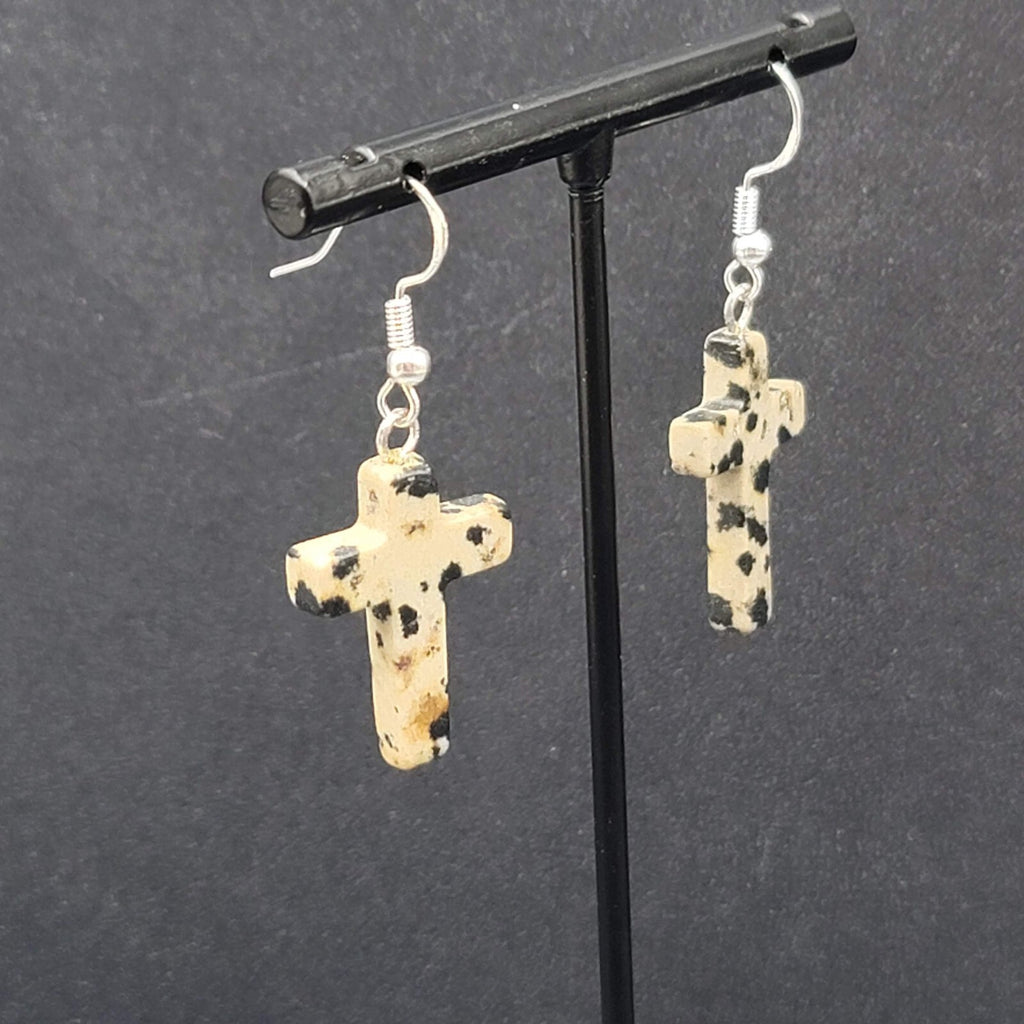 Sterling Silver Cross Pierced Earrings 925 Jasper Stone 1"