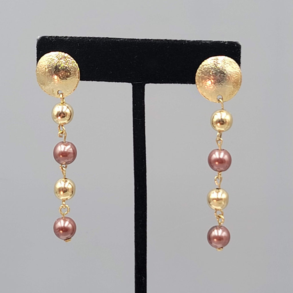 Pierced Earrings Gold Plated Bead Dangle 2.25"