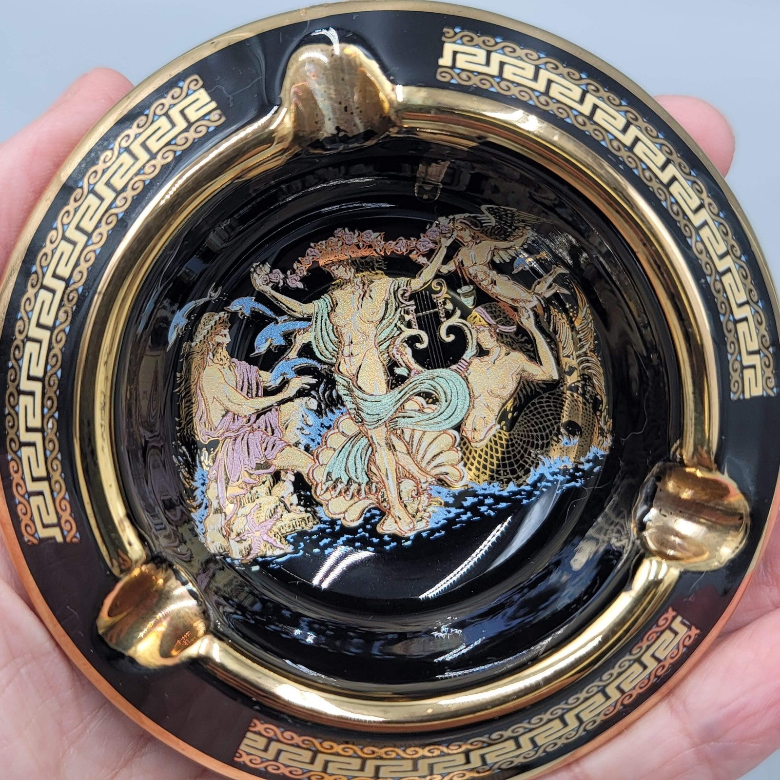 Greek Key Black Ceramic Ashtray Set of 2 24K Gold Hand Made in Greece Mythology