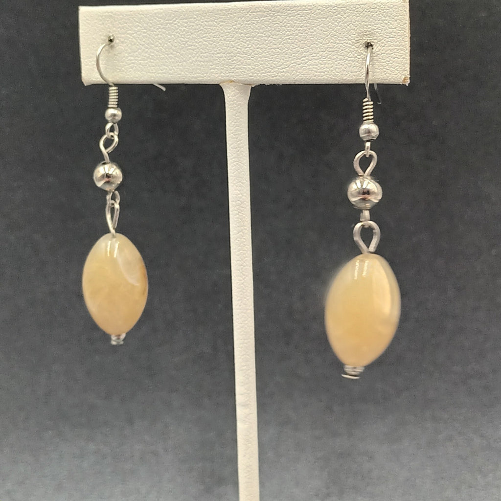 Pierced Earrings Silver tone Tan Swirl Acrylic Bead Dangle 1.5"