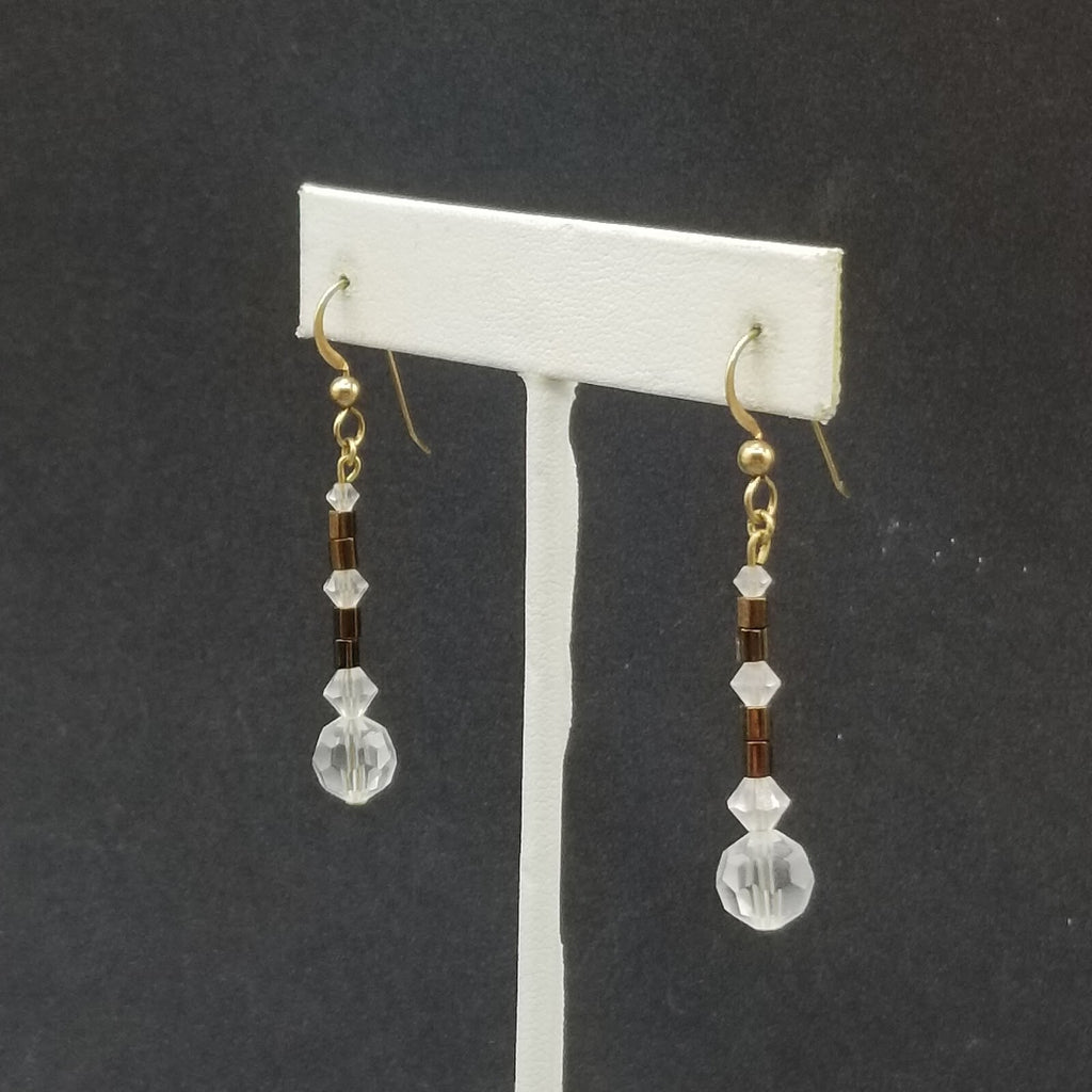Pierced Earrings Gold tone Faceted Crystal Bead Dangle 1 1/4"