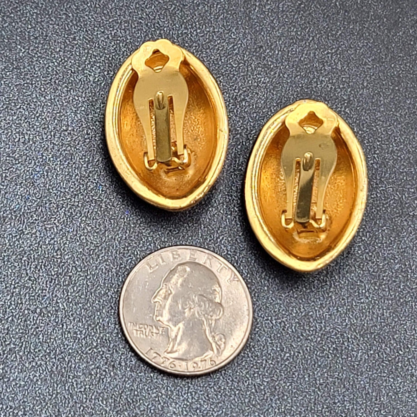 Vintage Clip on Earrings Gold Plated Black Enamel Drop Statement 1.25"