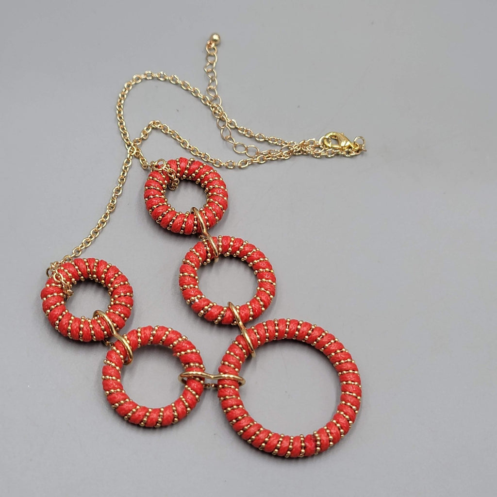 Red Cord Wrapped Rings Necklace Gold tone Chain 16"- 18"
