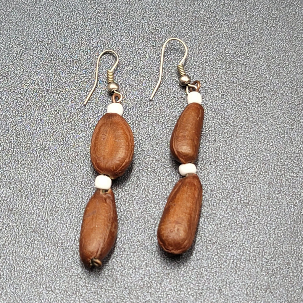 Vintage Pierced Earrings Silver tone Large Brown Seed Beads Long Dangle 2"