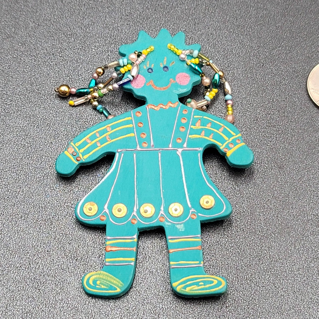Vintage Brooch Large Handmade Girl Figure Painted Beaded Hair 4"