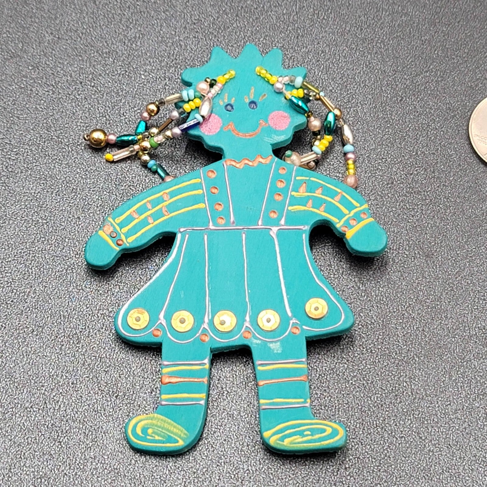 Vintage Brooch Large Handmade Girl Figure Painted Beaded Hair 4"
