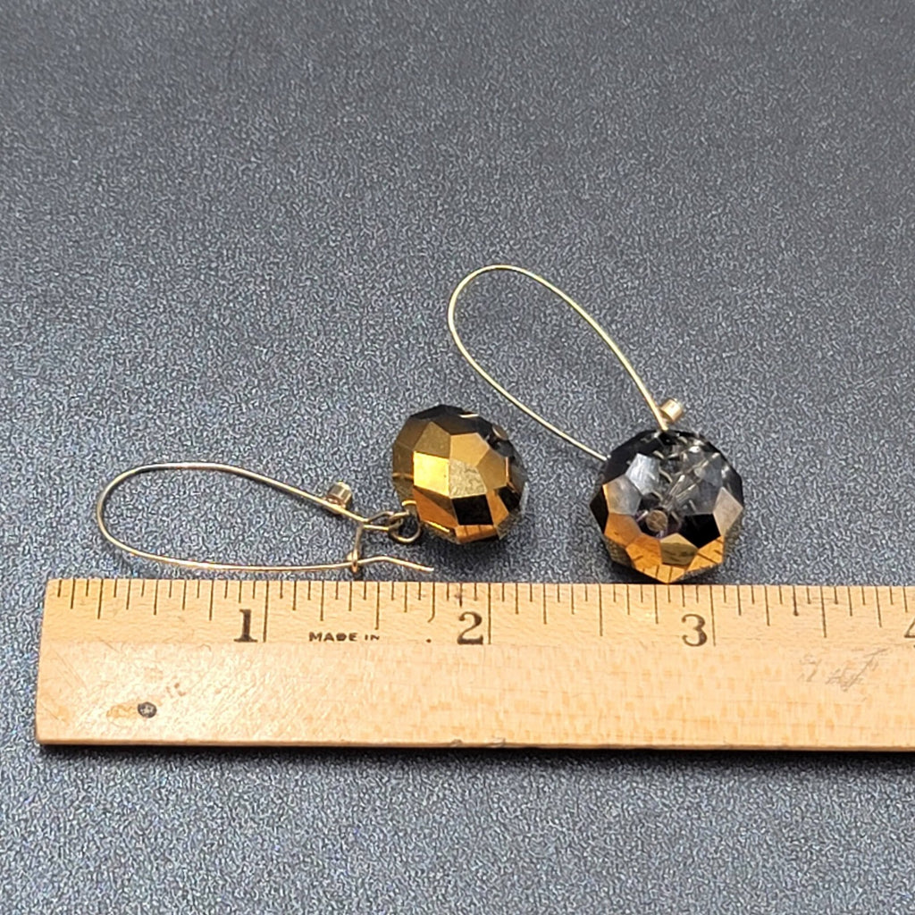 Pierced Earrings Gold tone faceted Glass Bead Smokey Gray Dangle 2"