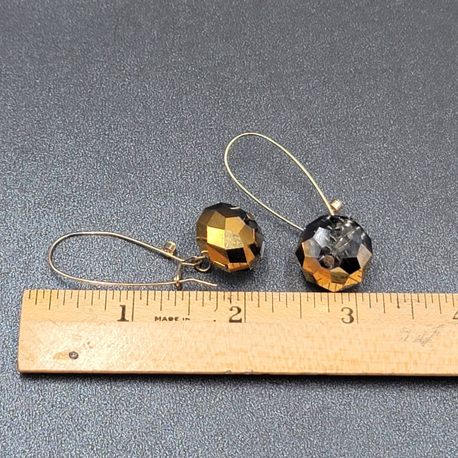 Pierced Earrings Gold tone faceted Glass Bead Smokey Gray Dangle 2"