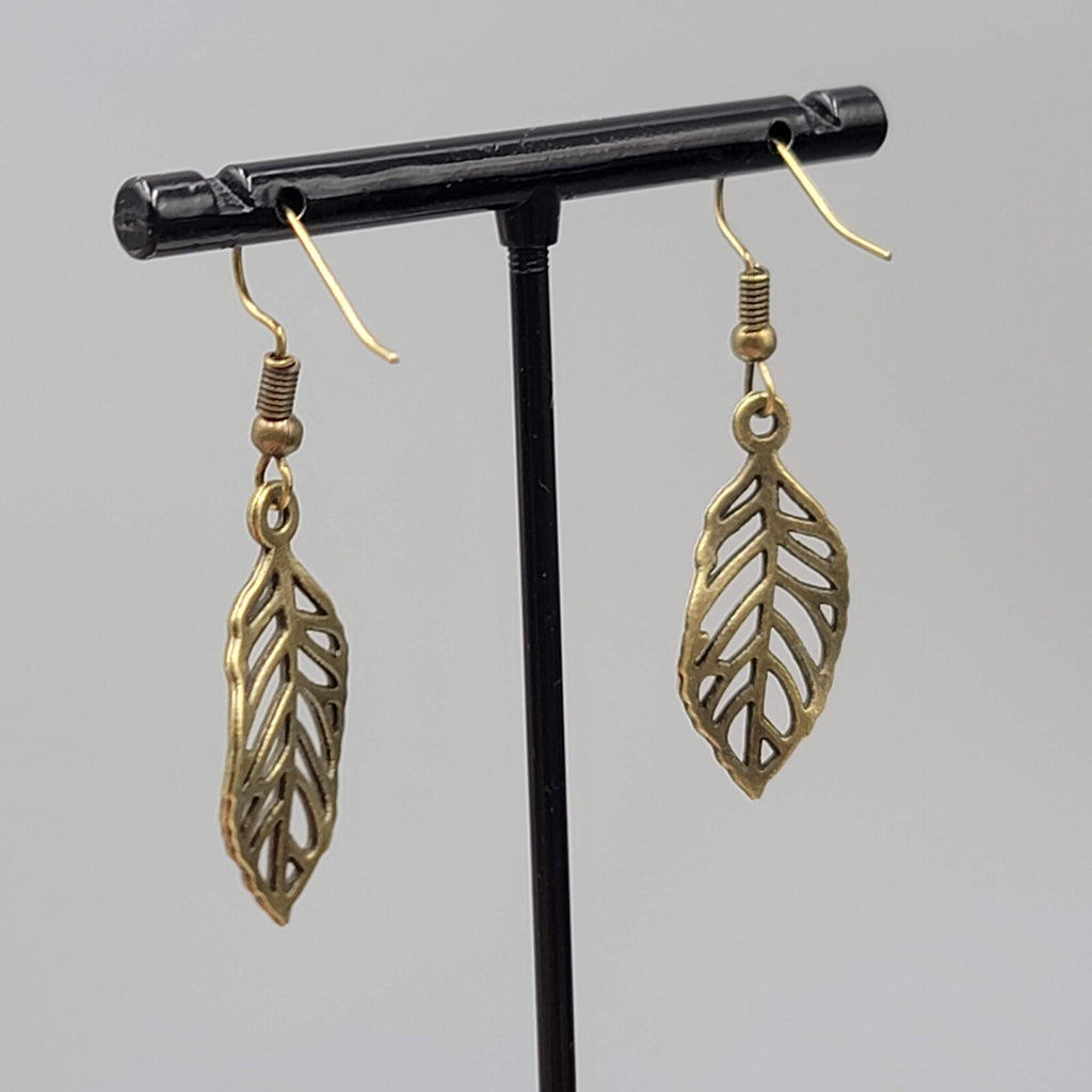 Leaf Pierced Earrings Bronze tone Wavy Dangle NEW 1"