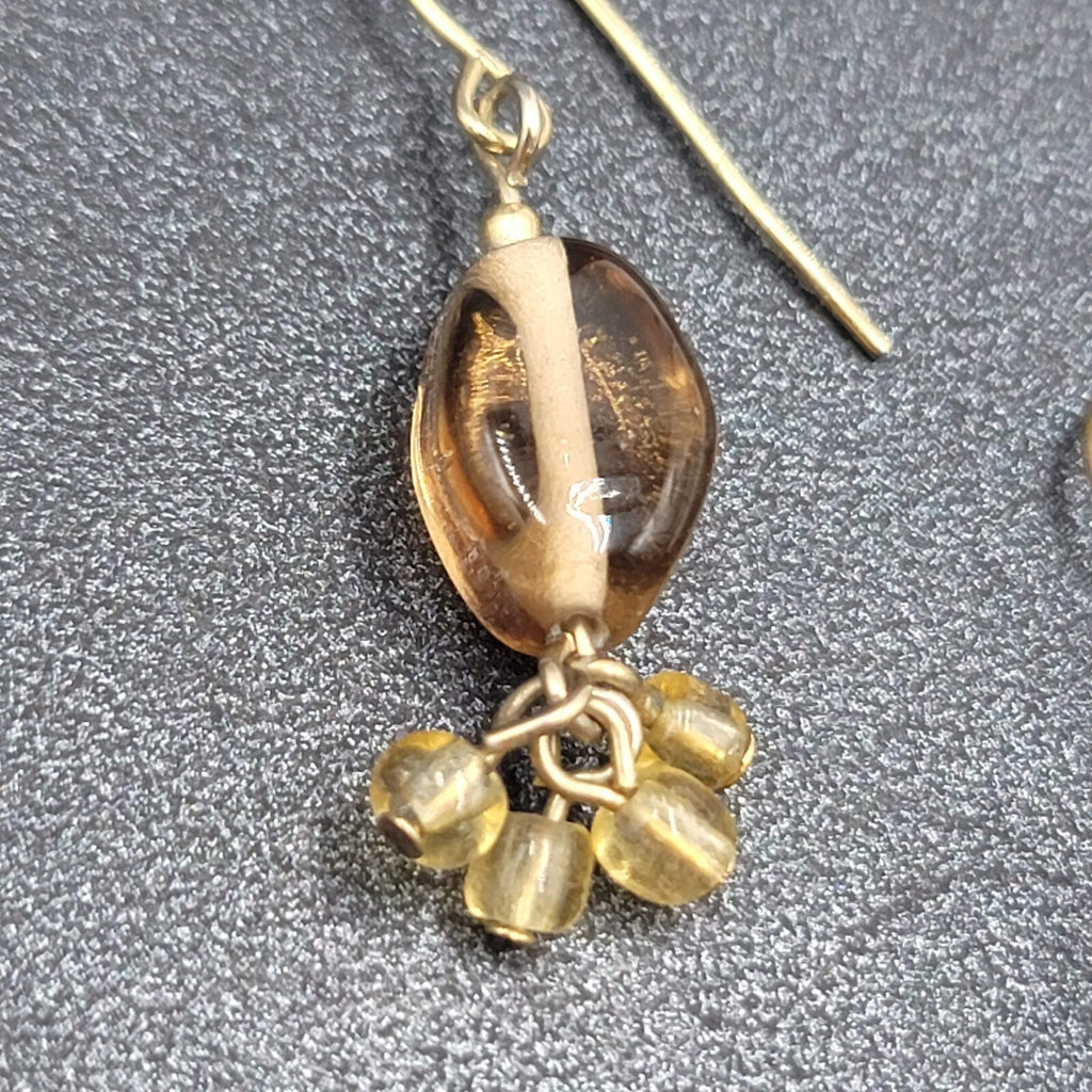 Pierced Earrings Gold tone Amber Color Glass Beads Dangle 1"
