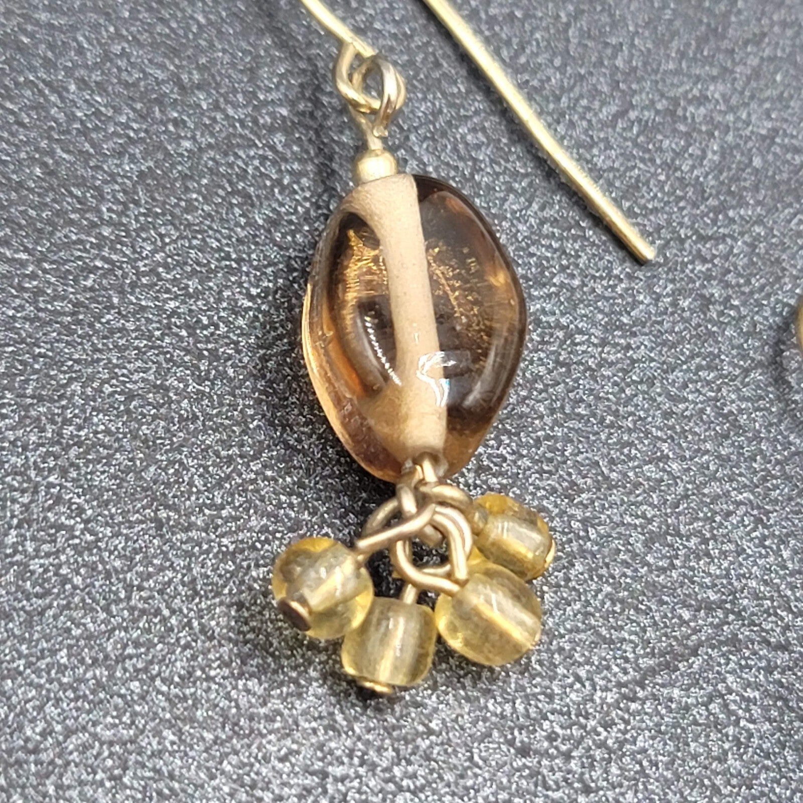 Pierced Earrings Gold tone Amber Color Glass Beads Dangle 1"