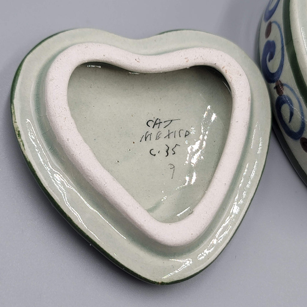 Mexico Heart Shaped Trinket Jewelry Box Tonala Pottery Signed CAT Cabo San Lucas