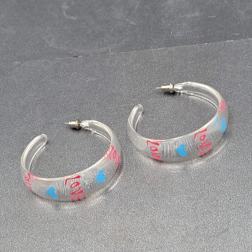 Pierced Earrings Clear Acrylic Large Hoops LOVE HEARTS 2"