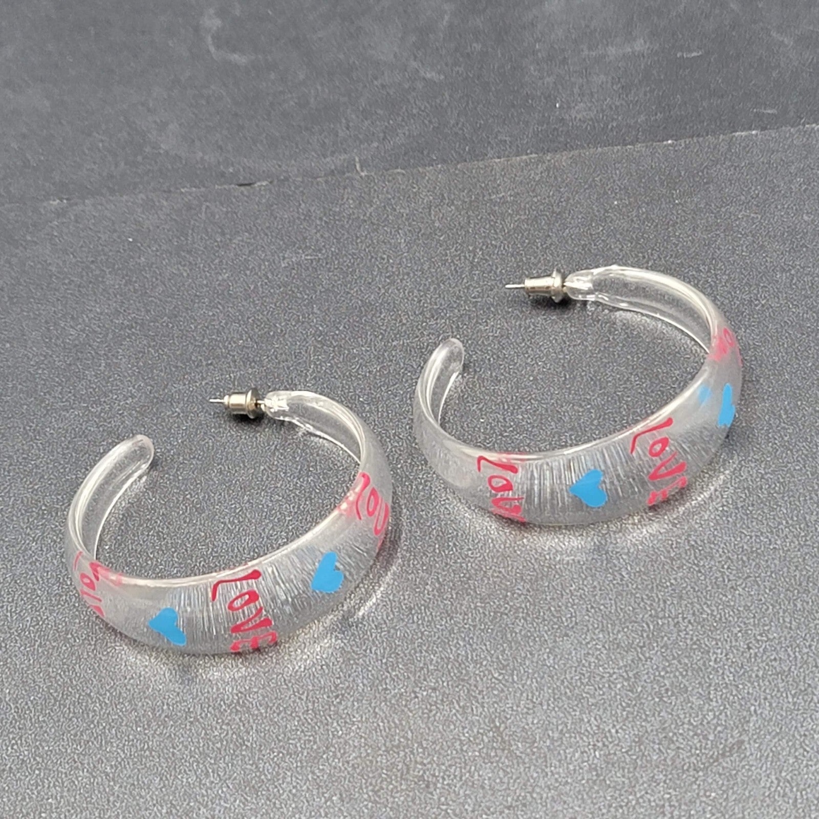 Pierced Earrings Clear Acrylic Large Hoops LOVE HEARTS 2"