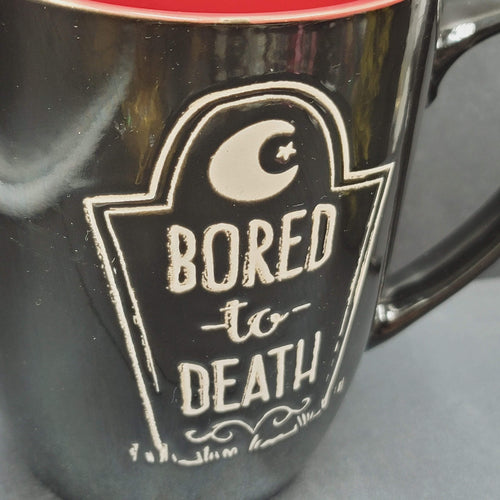 Bored to Death Coffee Mug Extra Black Embossed Dark Red Large 5.25"x4"
